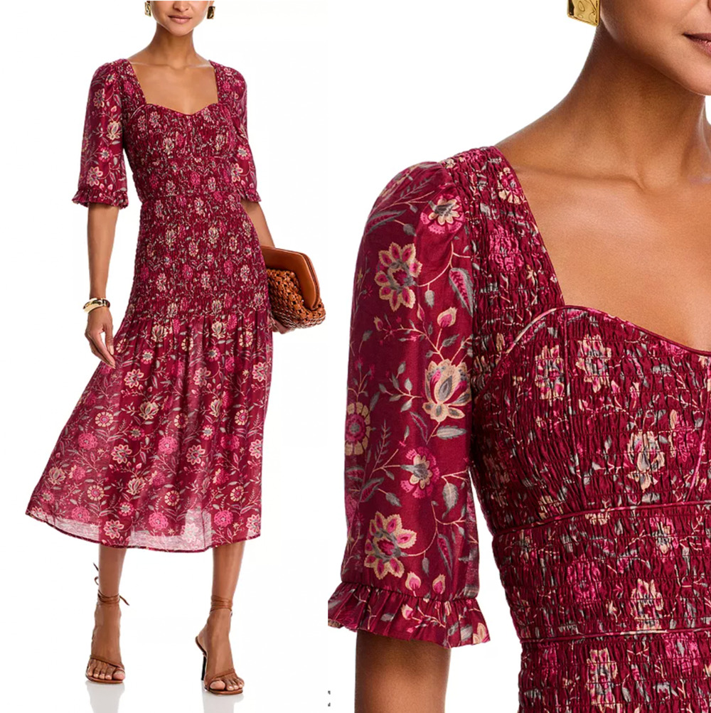 Sea New York 2 Famke $445 Smocked Sweetheart Midi Dress Floral Cottagecore Red